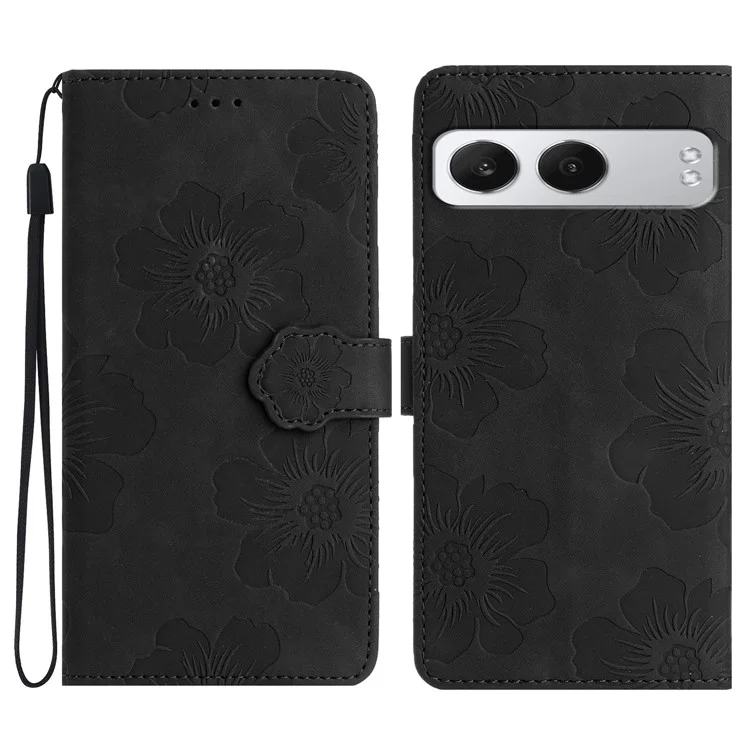 Für OnePlus Nord 4 Case Blumendesign Lederbrieftasche Handytasche mit Handgelenkschlaufe - Schwarz