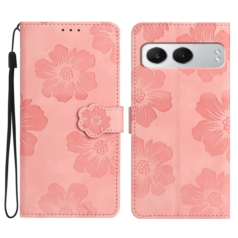 For OnePlus Nord 4 Case Flower Design Leather Wallet Phone Cover with Wrist Strap - Pink