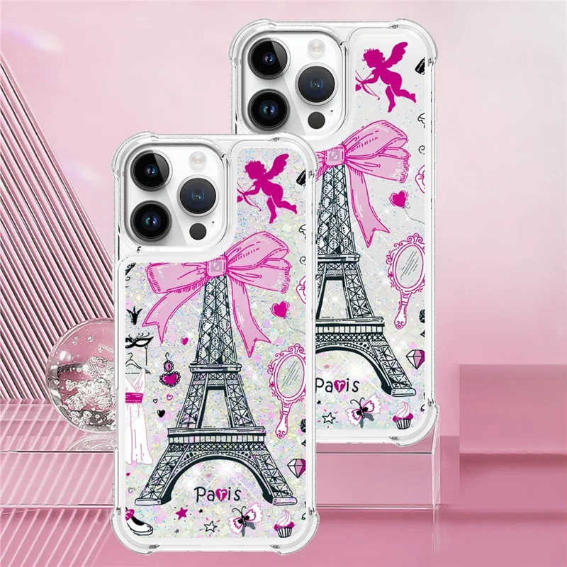 For iPhone 16 Pro Max TPU Case with Quicksand and Pattern Printed - Mirror / Tower