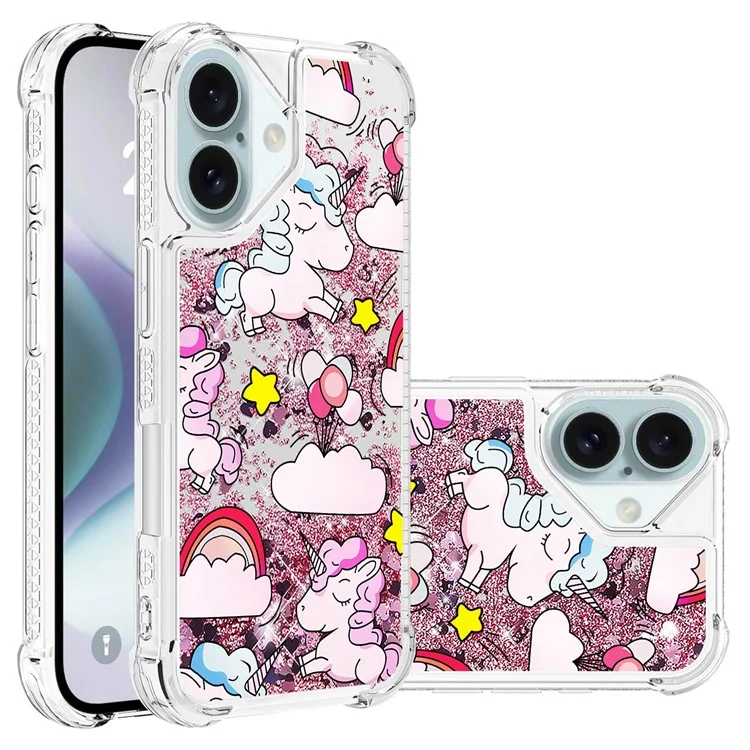 YB Quicksand Series-2 Per iPhone 16 Plus Case Liquid Quicksand Pattern TPU Phone Cover - Cute Horse and Clouds