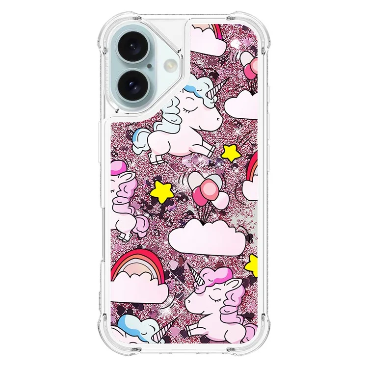 YB Quicksand Series-2 Per iPhone 16 Plus Case Liquid Quicksand Pattern TPU Phone Cover - Cute Horse and Clouds