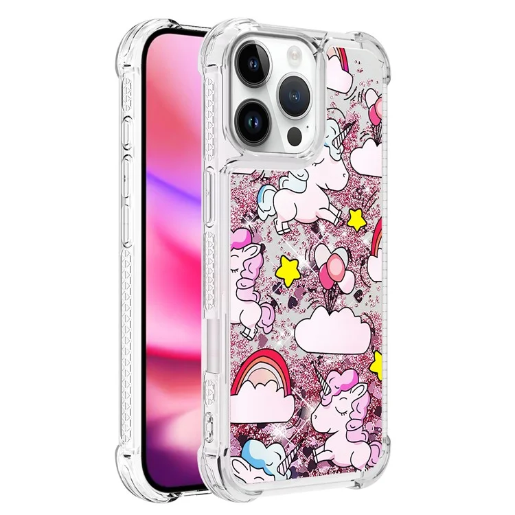 For iPhone 16 Pro TPU Case with Quicksand and Pattern Printed - Cute Horse and Clouds