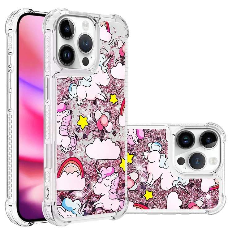 For iPhone 16 Pro TPU Case with Quicksand and Pattern Printed - Cute Horse and Clouds