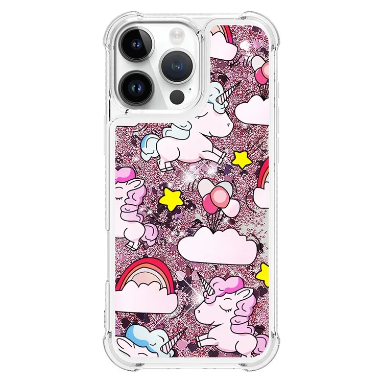 For iPhone 16 Pro TPU Case with Quicksand and Pattern Printed - Cute Horse and Clouds