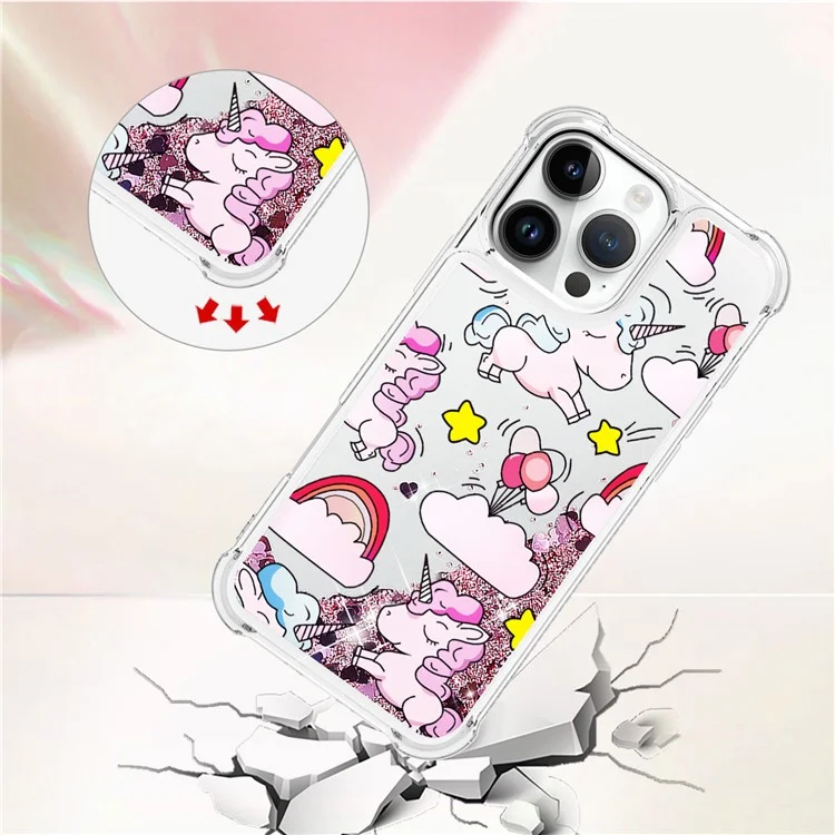 For iPhone 16 Pro TPU Case with Quicksand and Pattern Printed - Cute Horse and Clouds