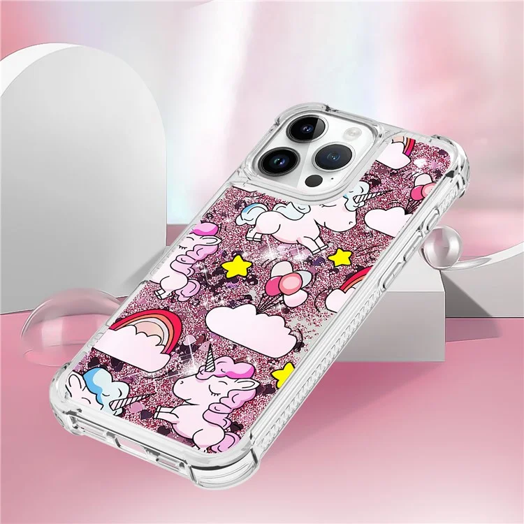 For iPhone 16 Pro TPU Case with Quicksand and Pattern Printed - Cute Horse and Clouds