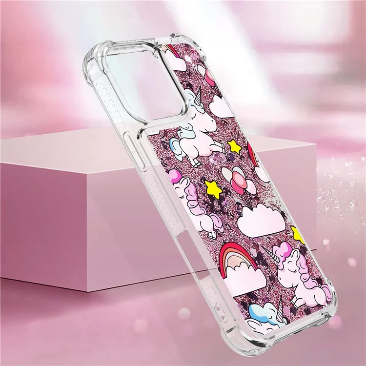 For iPhone 16 Pro TPU Case with Quicksand and Pattern Printed - Cute Horse and Clouds
