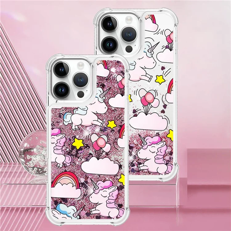 For iPhone 16 Pro TPU Case with Quicksand and Pattern Printed - Cute Horse and Clouds