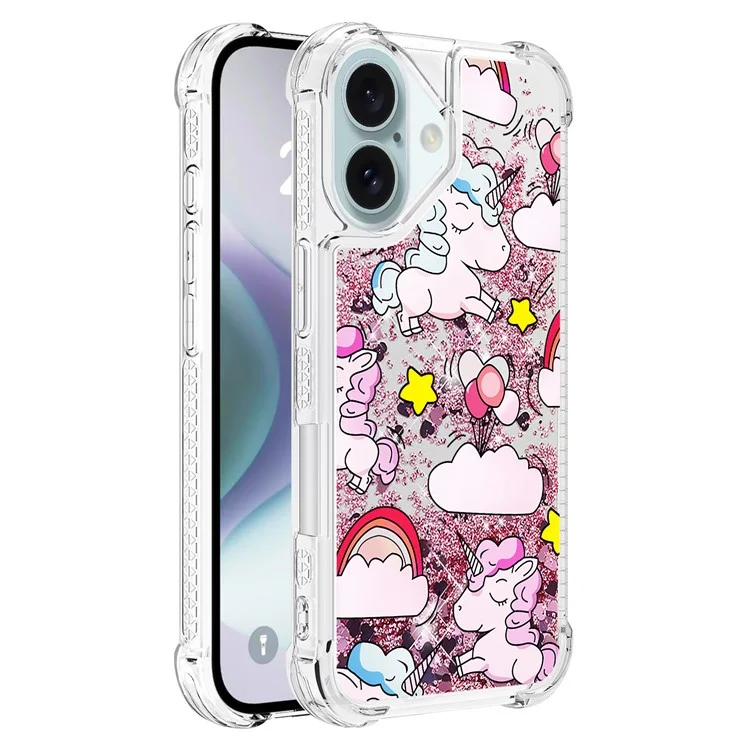 For iPhone 16 TPU Case with Quicksand and Pattern Printed - Cute Horse and Clouds