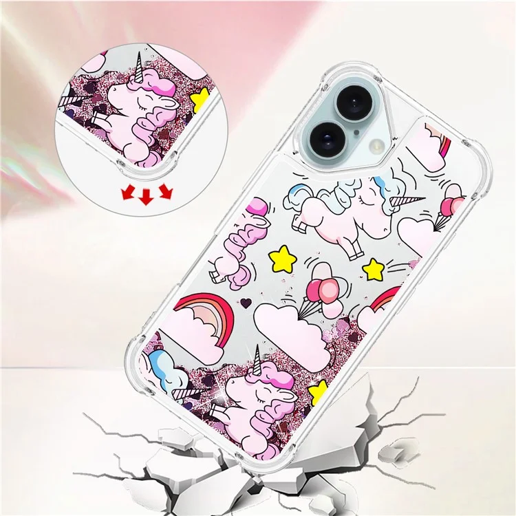 For iPhone 16 TPU Case with Quicksand and Pattern Printed - Cute Horse and Clouds