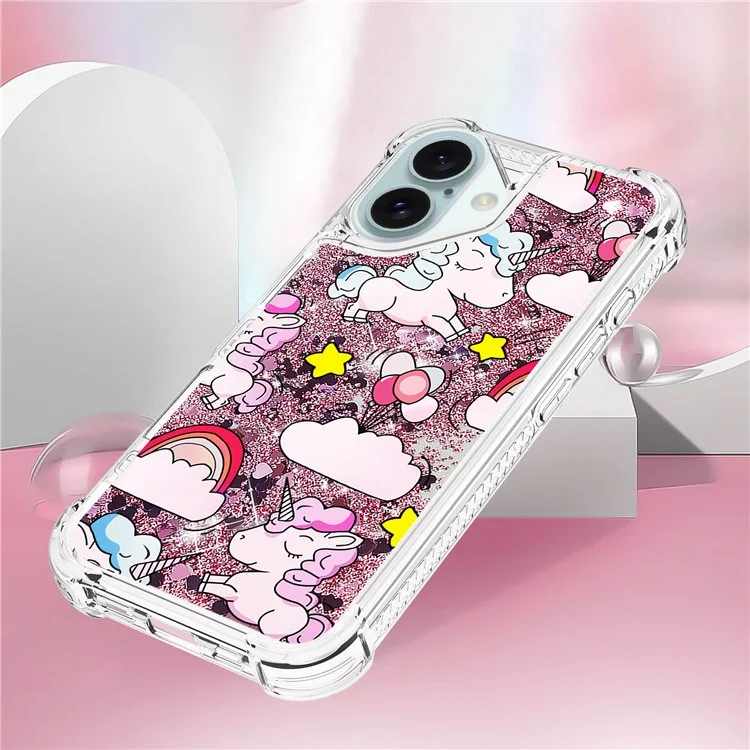 For iPhone 16 TPU Case with Quicksand and Pattern Printed - Cute Horse and Clouds