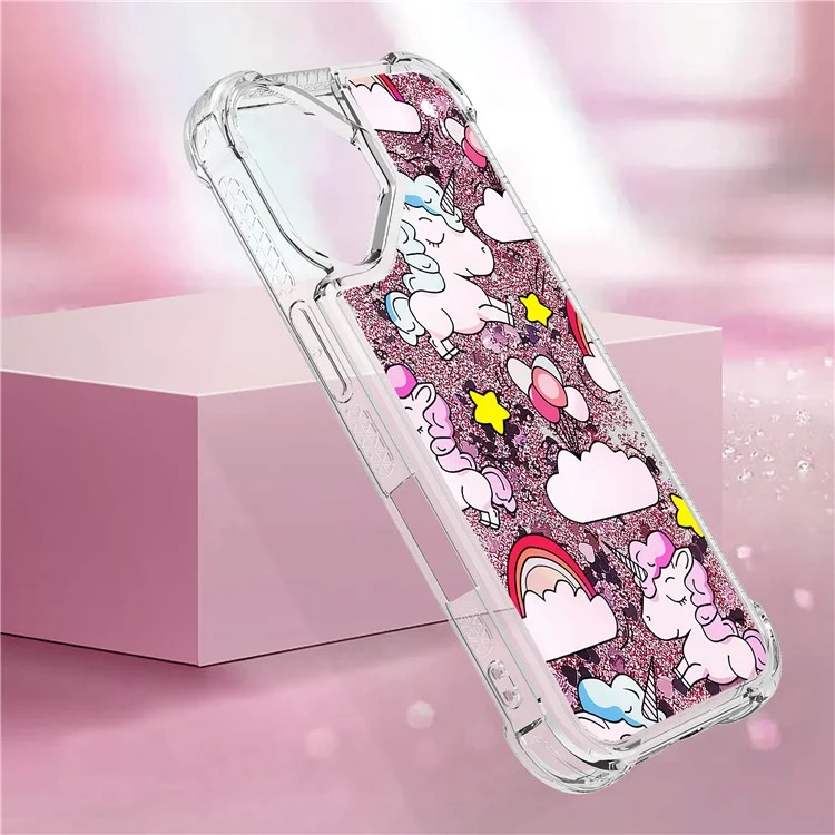 For iPhone 16 TPU Case with Quicksand and Pattern Printed - Cute Horse and Clouds