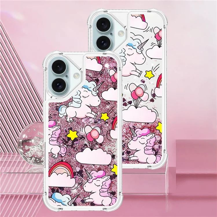 For iPhone 16 TPU Case with Quicksand and Pattern Printed - Cute Horse and Clouds