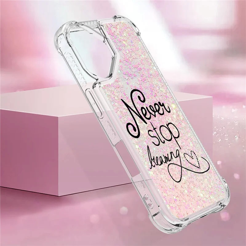 For iPhone 16 TPU Case with Quicksand and Pattern Printed - Never Stop Dreaming