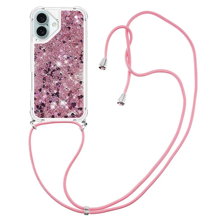 YB Quicksand Series-4 Für iPhone 16 Case Floating Sequins Liquid TPU Phone Cover - Rose Gold / Hearts