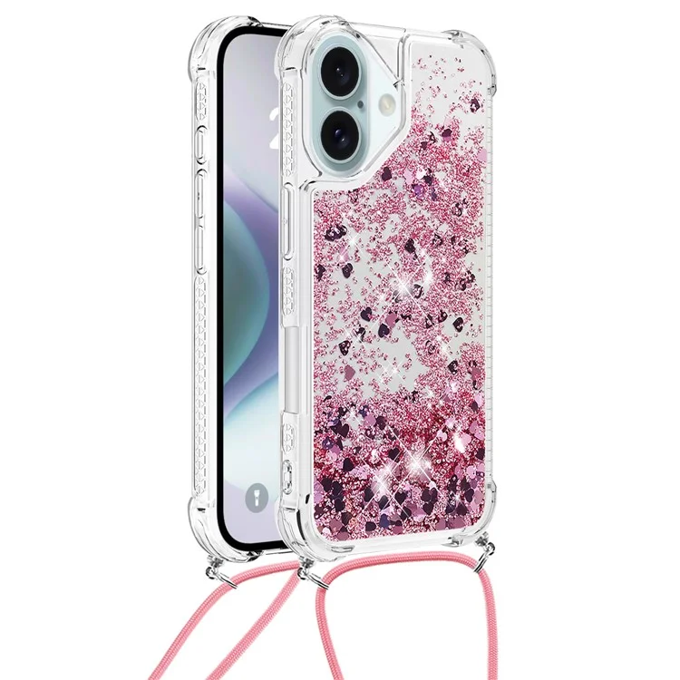 YB Quicksand Series-4 Für iPhone 16 Case Floating Sequins Liquid TPU Phone Cover - Rose Gold / Hearts
