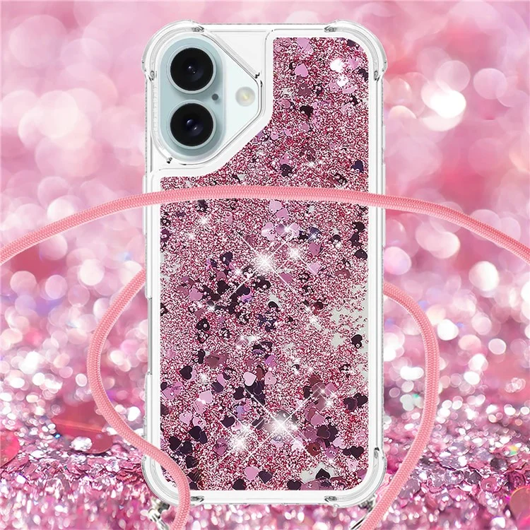 YB Quicksand Series-4 Für iPhone 16 Case Floating Sequins Liquid TPU Phone Cover - Rose Gold / Hearts