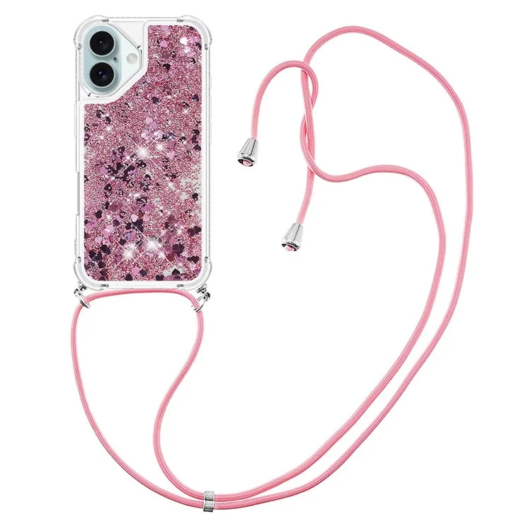 YB Quicksand Series-4 Per iPhone 16 Plus Case Floating Sequins Liquid TPU Phone Cover - Rosa Oro / Cuori