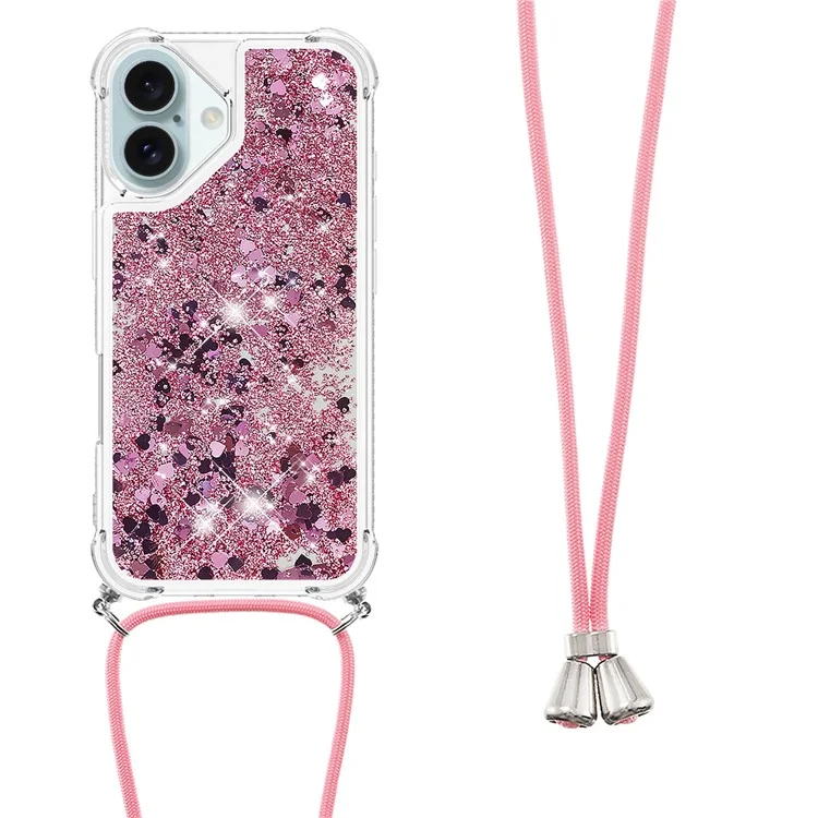 YB Quicksand Series-4 Per iPhone 16 Plus Case Floating Sequins Liquid TPU Phone Cover - Rosa Oro / Cuori