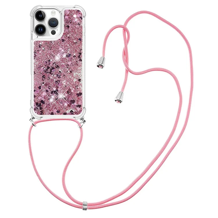 Serie Quicksand YB-4 para iPhone 16 Pro Funda Flotante Lentejuelas Líquido TPU Funda Teléfono - Oro Rosa / Corazones