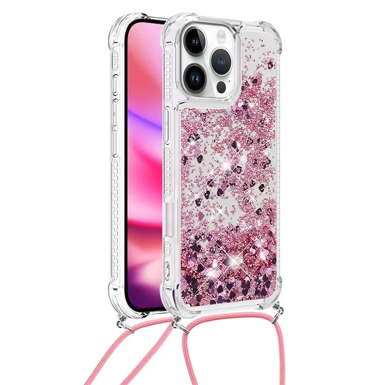 Serie Quicksand YB-4 para iPhone 16 Pro Funda Flotante Lentejuelas Líquido TPU Funda Teléfono - Oro Rosa / Corazones