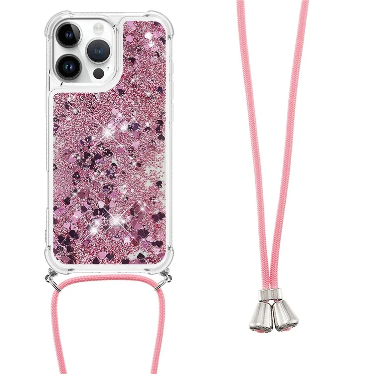 Serie Quicksand YB-4 para iPhone 16 Pro Funda Flotante Lentejuelas Líquido TPU Funda Teléfono - Oro Rosa / Corazones