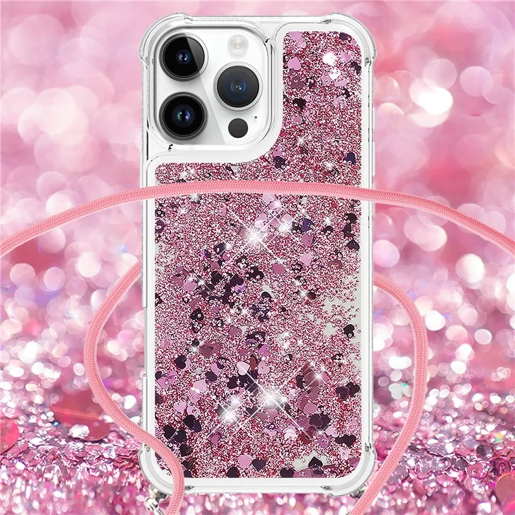 Serie Quicksand YB-4 para iPhone 16 Pro Funda Flotante Lentejuelas Líquido TPU Funda Teléfono - Oro Rosa / Corazones