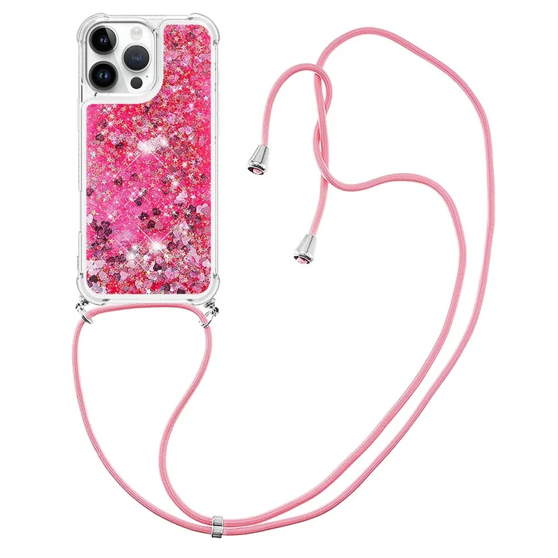 For iPhone 16 Pro Max TPU Case Quicksand Design Phone Cover with Lanyard - Pink / Hearts