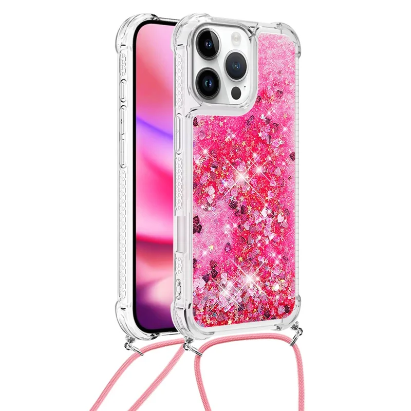 For iPhone 16 Pro Max TPU Case Quicksand Design Phone Cover with Lanyard - Pink / Hearts