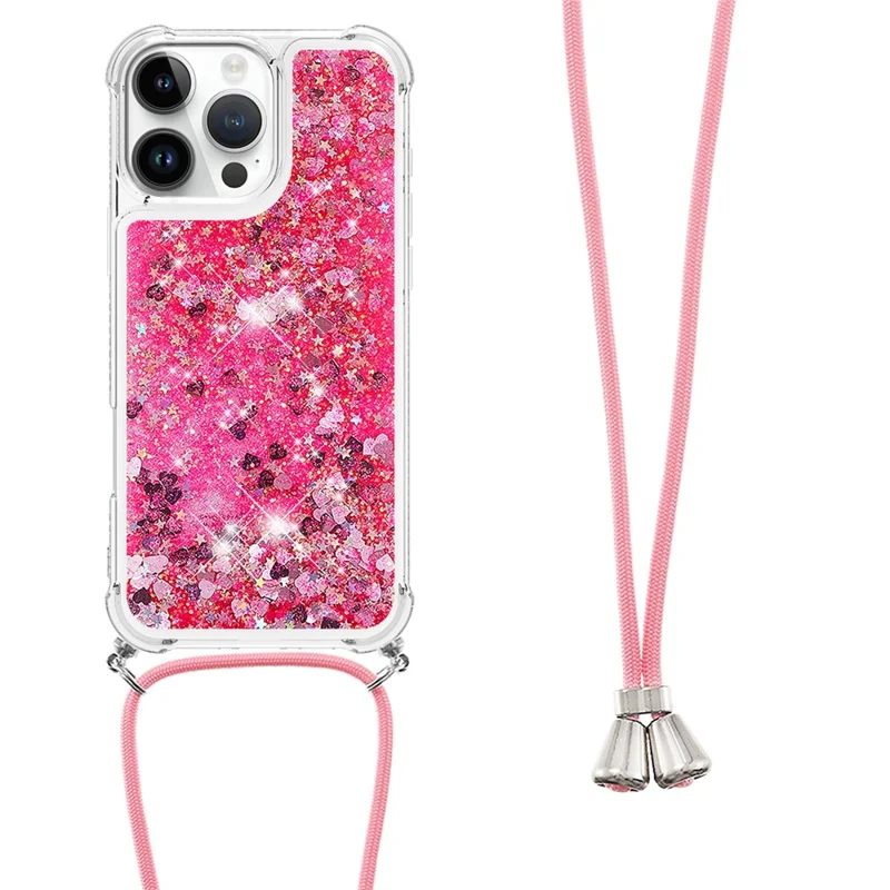 For iPhone 16 Pro Max TPU Case Quicksand Design Phone Cover with Lanyard - Pink / Hearts