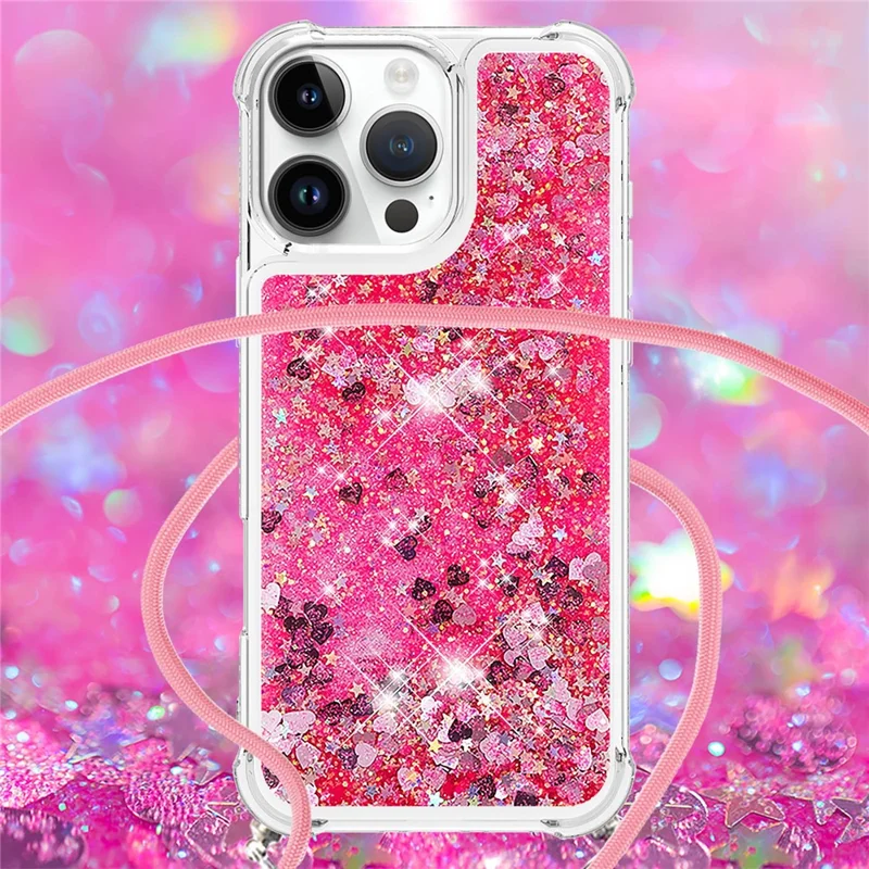 For iPhone 16 Pro Max TPU Case Quicksand Design Phone Cover with Lanyard - Pink / Hearts