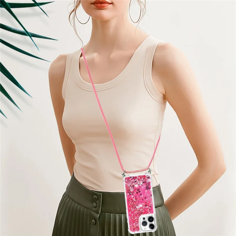 For iPhone 16 Pro Max TPU Case Quicksand Design Phone Cover with Lanyard - Pink / Hearts