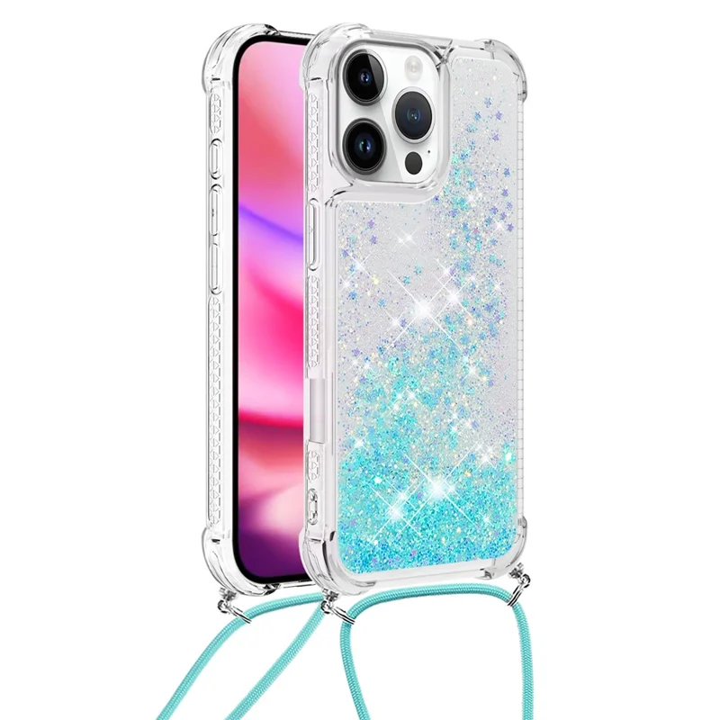 For iPhone 16 Pro Max TPU Case Quicksand Design Phone Cover with Lanyard - Blue / Pentagram