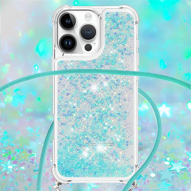 For iPhone 16 Pro Max TPU Case Quicksand Design Phone Cover with Lanyard - Blue / Pentagram