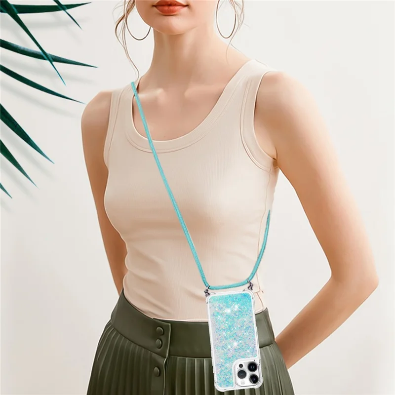 For iPhone 16 Pro Max TPU Case Quicksand Design Phone Cover with Lanyard - Blue / Pentagram