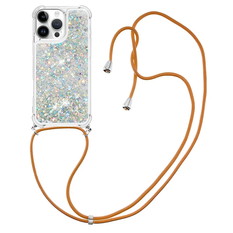 For iPhone 16 Pro Max TPU Case Quicksand Design Phone Cover with Lanyard - Silver / Hearts