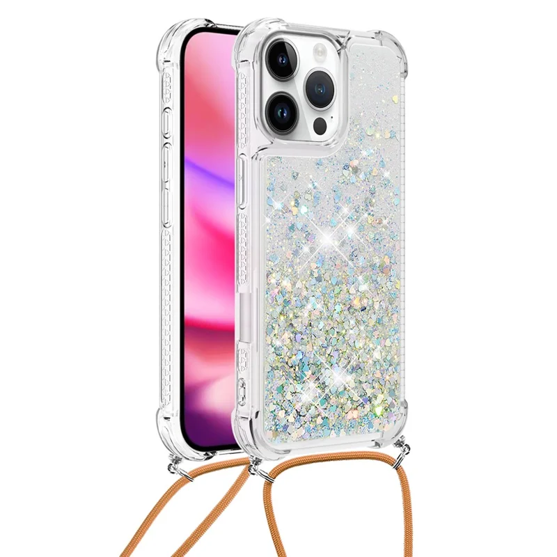 For iPhone 16 Pro Max TPU Case Quicksand Design Phone Cover with Lanyard - Silver / Hearts