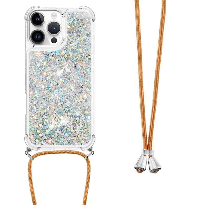 For iPhone 16 Pro Max TPU Case Quicksand Design Phone Cover with Lanyard - Silver / Hearts