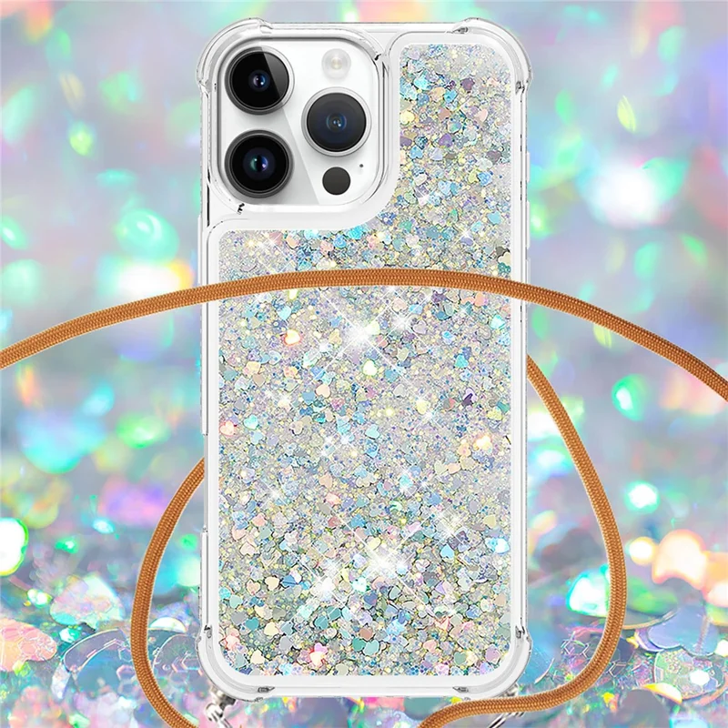 For iPhone 16 Pro Max TPU Case Quicksand Design Phone Cover with Lanyard - Silver / Hearts