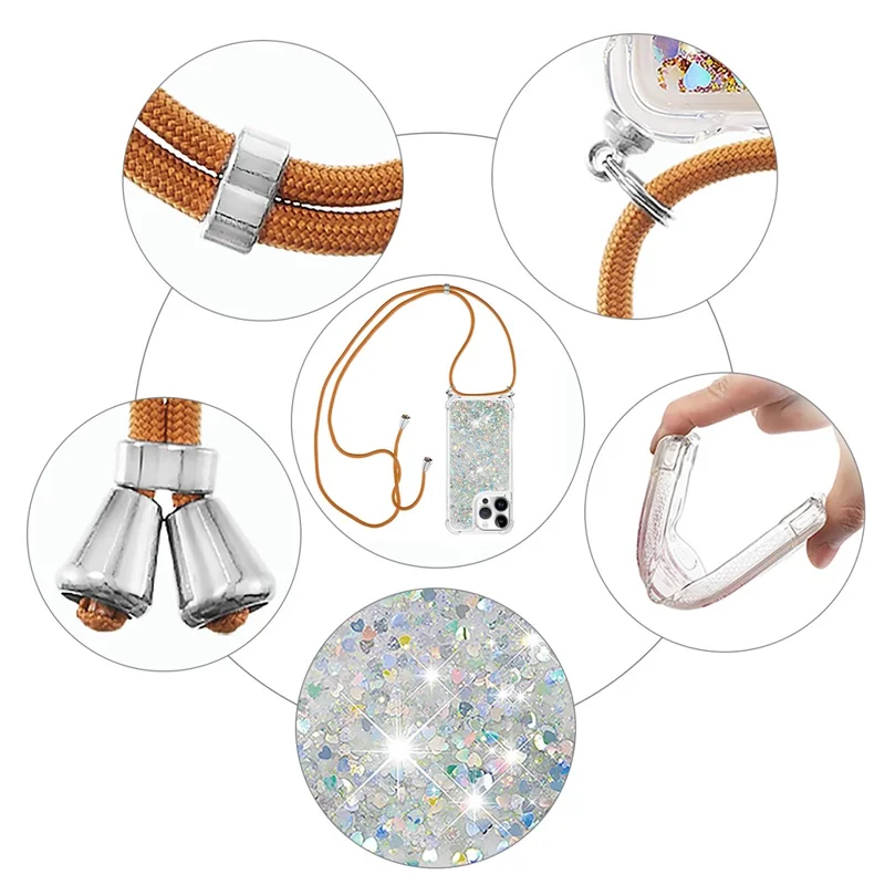 For iPhone 16 Pro Max TPU Case Quicksand Design Phone Cover with Lanyard - Silver / Hearts