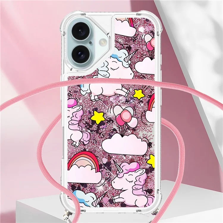 YB Quicksand Series-5 Para la Caja TPU Del Iphone 16 Con la Portada Del Teléfono Impreso de Pattern Lanyard - Lindo Caballo y Nubes