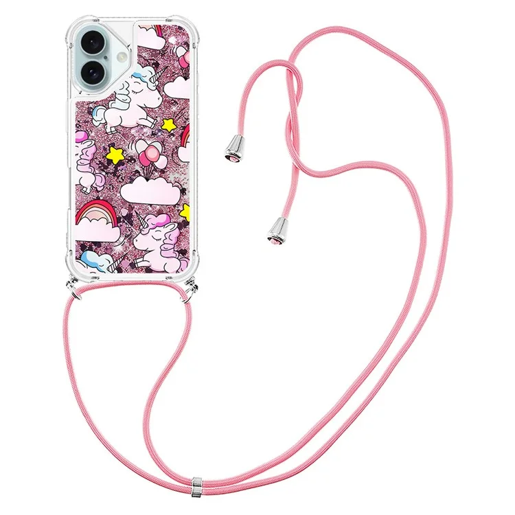YB Quicksand Series-5 Para la Caja TPU de Iphone 16 Plus Con la Portada Del Teléfono de Impresión de Pattern Lanyard - Lindo Caballo y Nubes