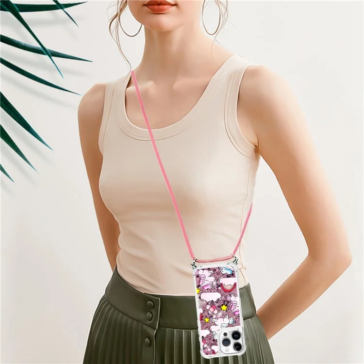YB Quicksand Series-5 Для Iphone 16 Pro Tpu Case с Чехлом Телефона Lanyard Pattern - Милая Лошадь и Облака