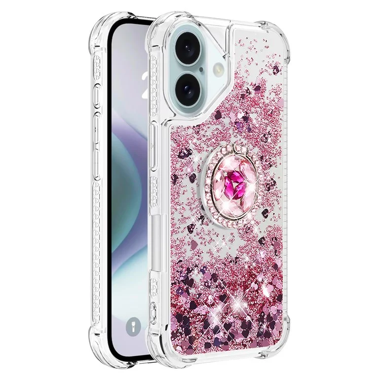 For iPhone 16 TPU Case with Kickstand Quicksand Shockproof Cover - Rose Gold / Hearts