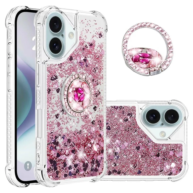 For iPhone 16 Plus TPU Case with Kickstand Quicksand Shockproof Cover - Rose Gold / Hearts