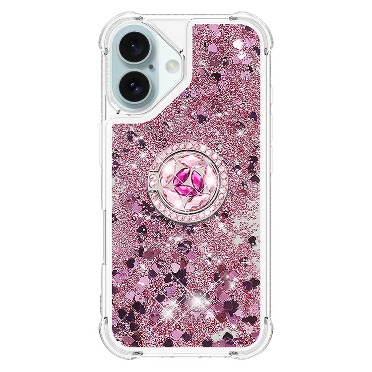For iPhone 16 Plus TPU Case with Kickstand Quicksand Shockproof Cover - Rose Gold / Hearts