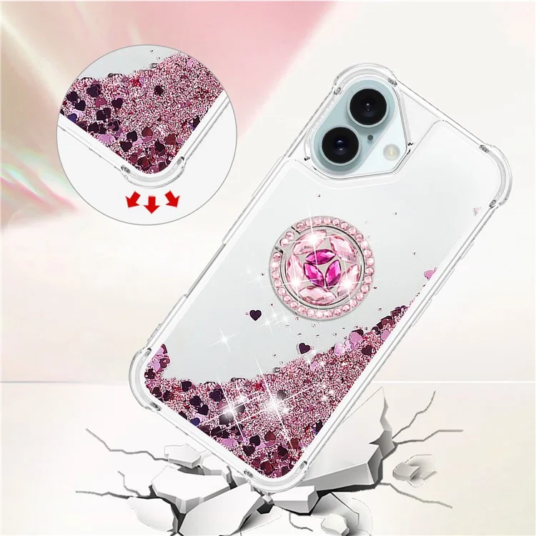For iPhone 16 Plus TPU Case with Kickstand Quicksand Shockproof Cover - Rose Gold / Hearts