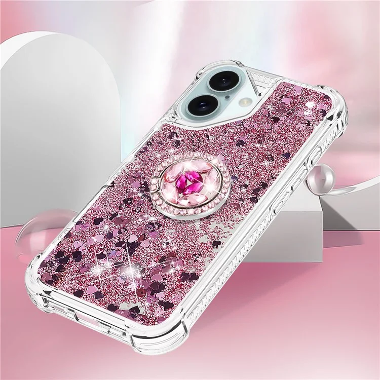 For iPhone 16 Plus TPU Case with Kickstand Quicksand Shockproof Cover - Rose Gold / Hearts