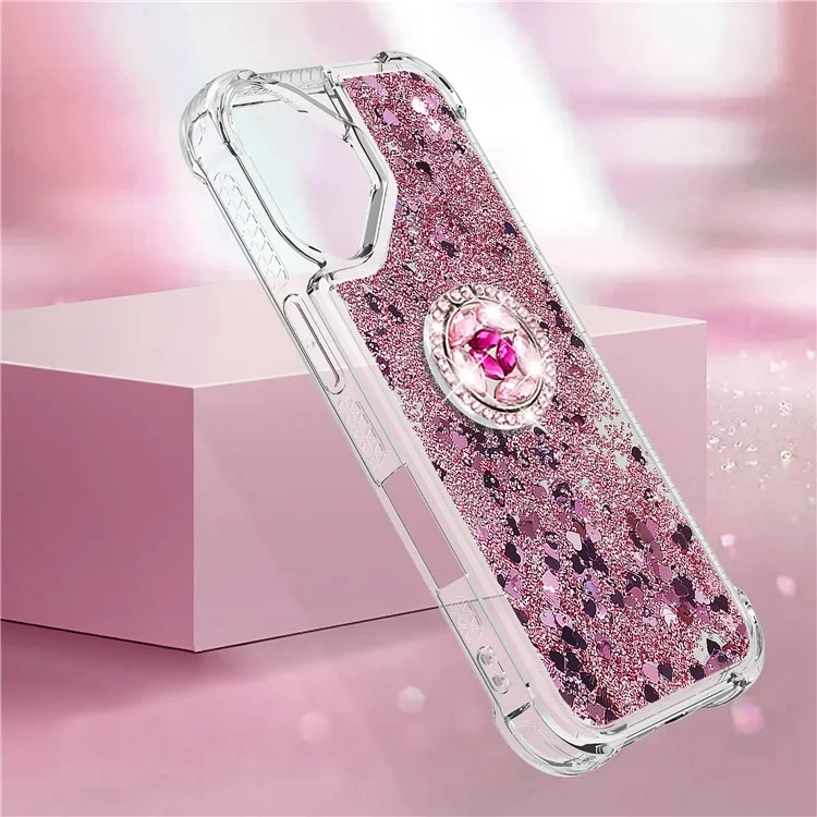 For iPhone 16 Plus TPU Case with Kickstand Quicksand Shockproof Cover - Rose Gold / Hearts