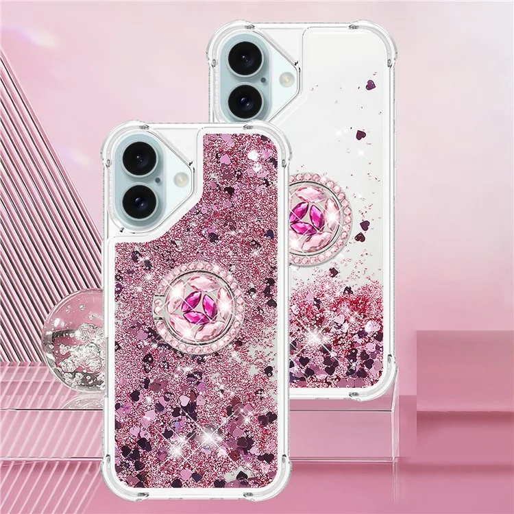 For iPhone 16 Plus TPU Case with Kickstand Quicksand Shockproof Cover - Rose Gold / Hearts